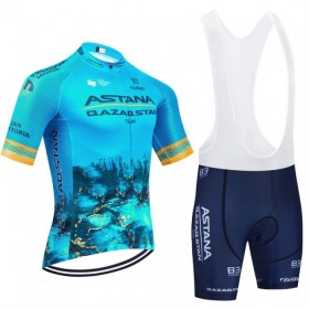 Set Fietsshirt + Korte Koersbroek 2024 Astana Qazaqstan Blauw